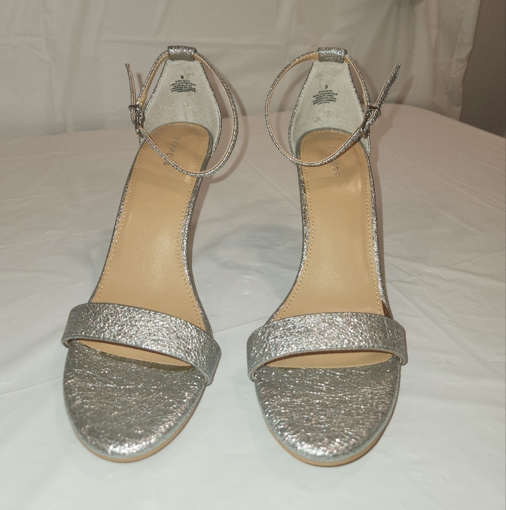 Express Silver Ankle Strap Open Toe Heels Size 9M. NEW - Only Tried On In Store.